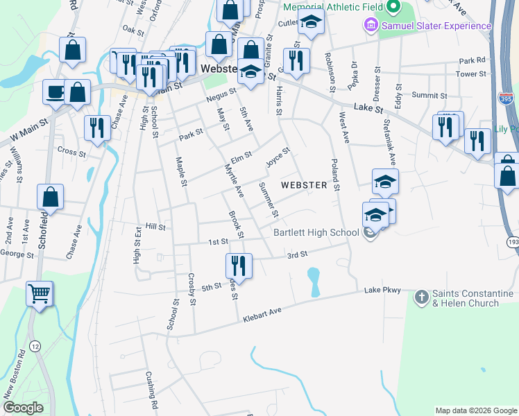 map of restaurants, bars, coffee shops, grocery stores, and more near 4 Snow Street in Webster