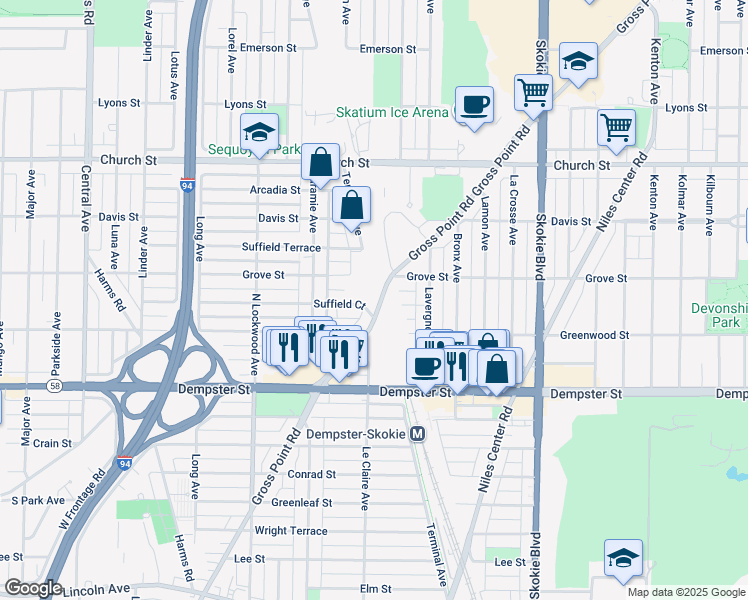 map of restaurants, bars, coffee shops, grocery stores, and more near 8930 Gross Point Road in Skokie