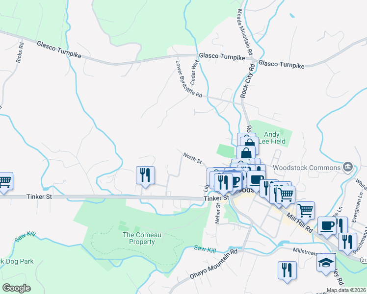 map of restaurants, bars, coffee shops, grocery stores, and more near North St in Woodstock