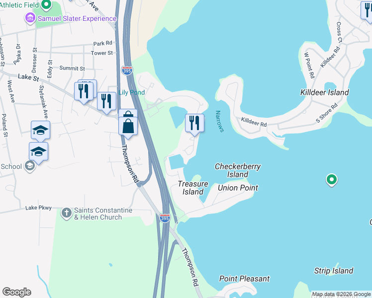 map of restaurants, bars, coffee shops, grocery stores, and more near 14 Cedar Drive in Webster