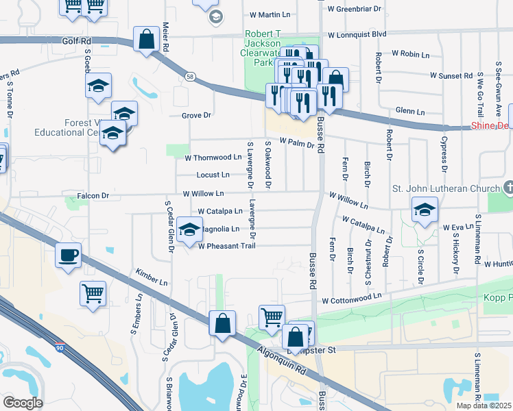 map of restaurants, bars, coffee shops, grocery stores, and more near 1732 West Catalpa Lane in Mount Prospect
