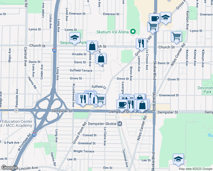 map of restaurants, bars, coffee shops, grocery stores, and more near 8930 Gross Point Road in Skokie