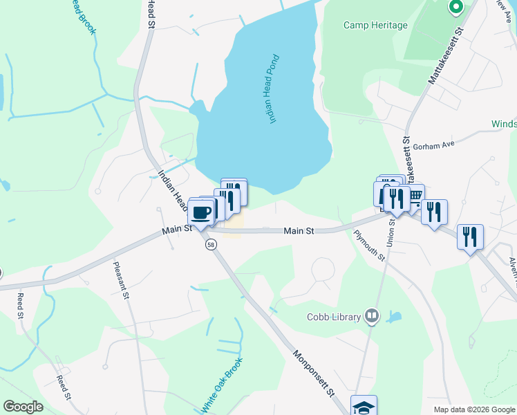 map of restaurants, bars, coffee shops, grocery stores, and more near 252 Main Street in Hanson