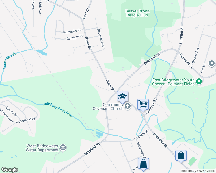 map of restaurants, bars, coffee shops, grocery stores, and more near 17 Plain Street in West Bridgewater