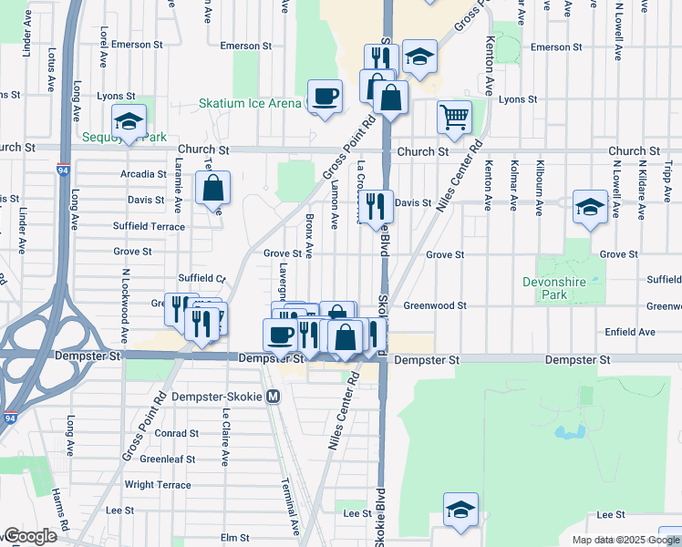 map of restaurants, bars, coffee shops, grocery stores, and more near 8926 La Crosse Avenue in Skokie