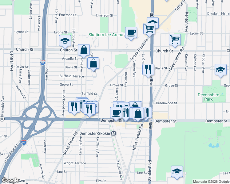 map of restaurants, bars, coffee shops, grocery stores, and more near 8927 Lavergne Avenue in Skokie