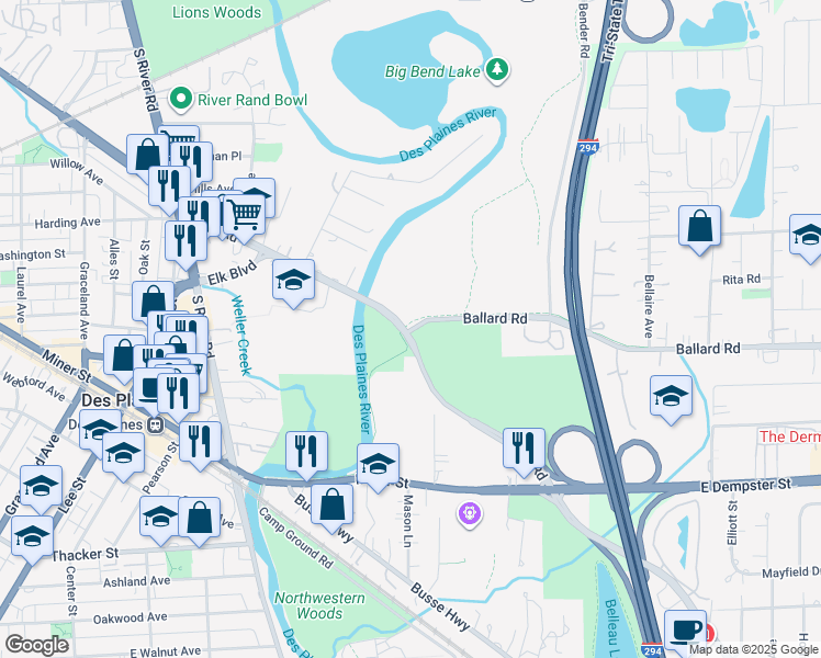 map of restaurants, bars, coffee shops, grocery stores, and more near 1901-2019 W Ballard Rd in Des Plaines