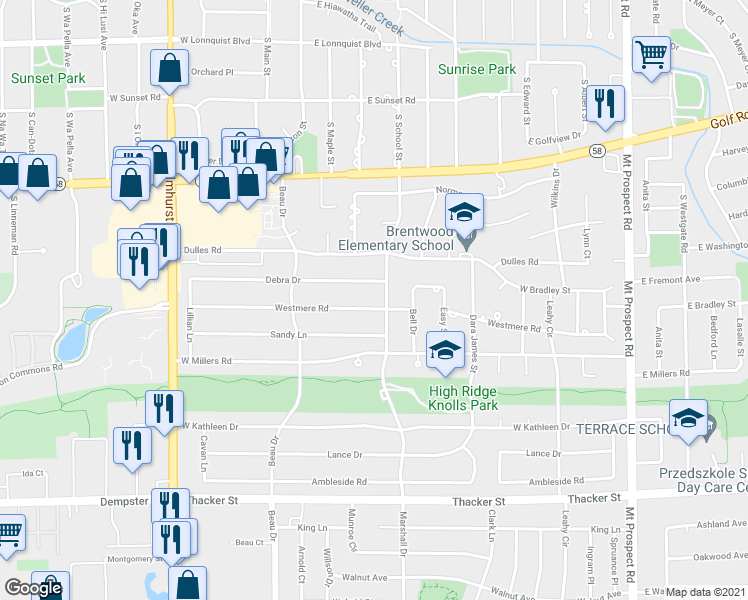 map of restaurants, bars, coffee shops, grocery stores, and more near 461 Marshall Drive in Des Plaines