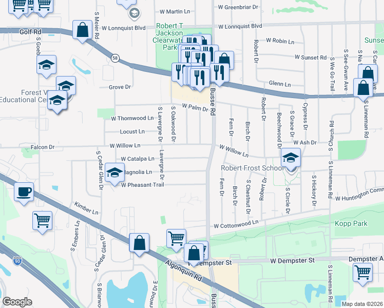 map of restaurants, bars, coffee shops, grocery stores, and more near 1706 West Catalpa Lane in Mount Prospect