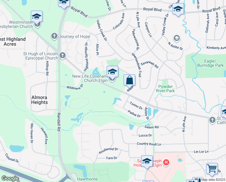 map of restaurants, bars, coffee shops, grocery stores, and more near 36W609 Highland Avenue in Elgin