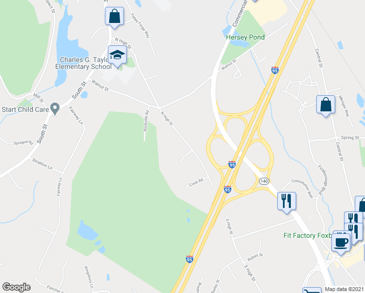 map of restaurants, bars, coffee shops, grocery stores, and more near 6 McNamara Way in Foxborough