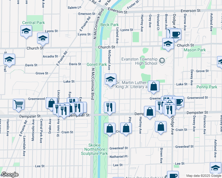 map of restaurants, bars, coffee shops, grocery stores, and more near 2424 Lake Street in Evanston