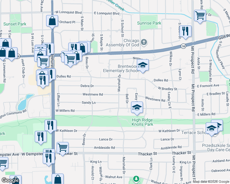 map of restaurants, bars, coffee shops, grocery stores, and more near 461 Marshall Drive in Des Plaines