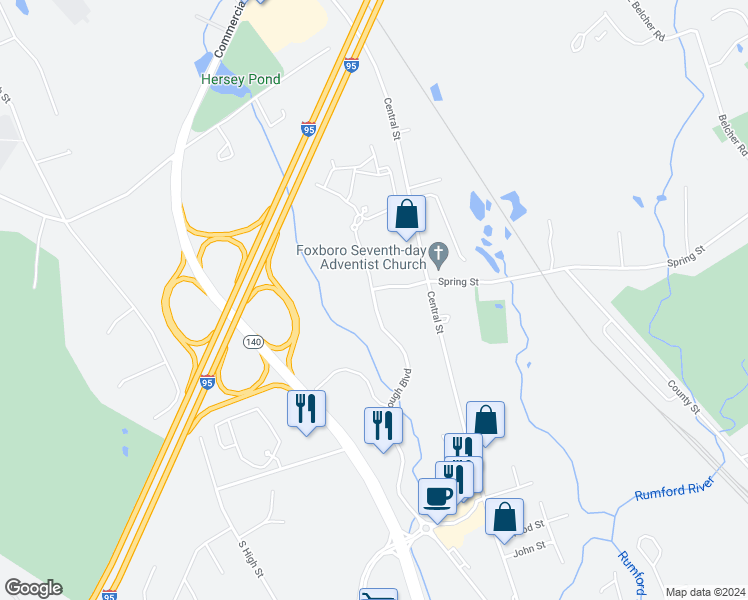 map of restaurants, bars, coffee shops, grocery stores, and more near 302 Foxborough Boulevard in Foxborough