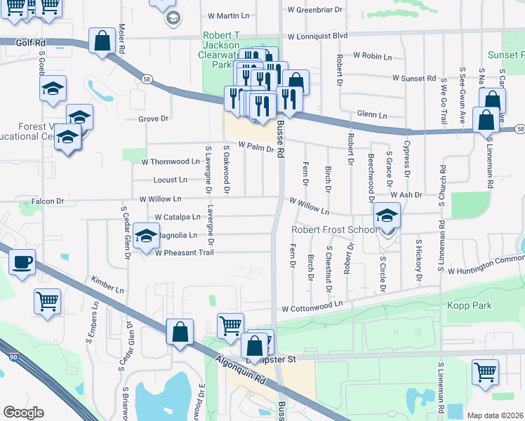 map of restaurants, bars, coffee shops, grocery stores, and more near 1706 West Catalpa Lane in Mount Prospect
