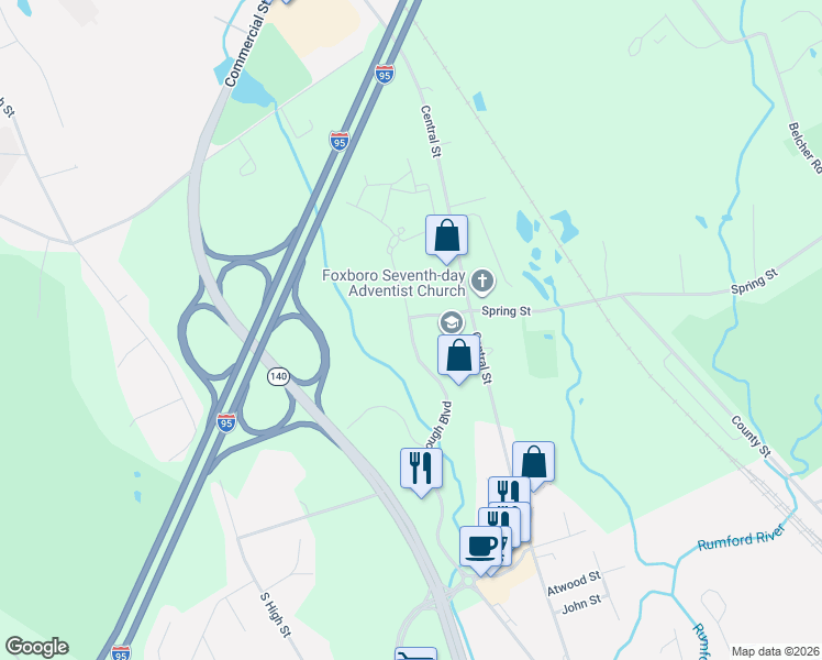 map of restaurants, bars, coffee shops, grocery stores, and more near 305 Foxborough Boulevard in Foxborough