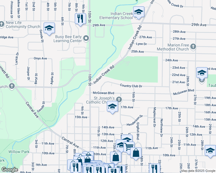 map of restaurants, bars, coffee shops, grocery stores, and more near 1275 Linn Mar Court in Marion