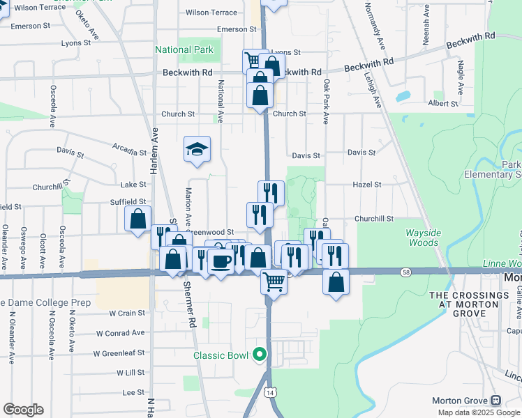 map of restaurants, bars, coffee shops, grocery stores, and more near 9001 Waukegan Road in Morton Grove