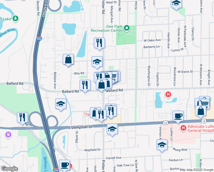 map of restaurants, bars, coffee shops, grocery stores, and more near 9396 Ballard Road in Des Plaines