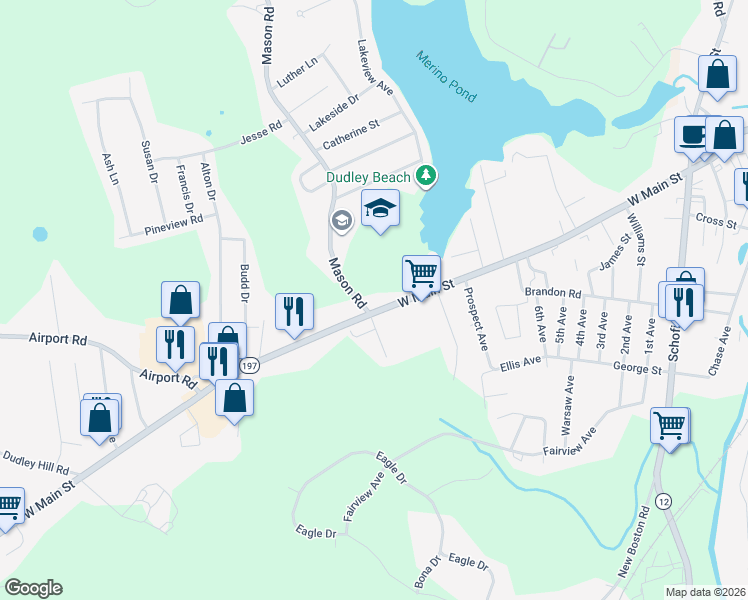 map of restaurants, bars, coffee shops, grocery stores, and more near 128 West Main Street in Dudley