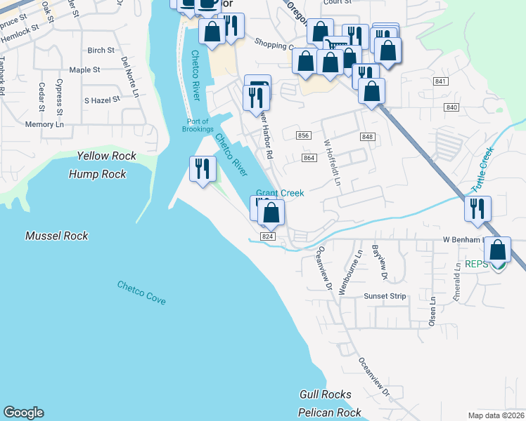 map of restaurants, bars, coffee shops, grocery stores, and more near 16060 Lower Harbor Road in Brookings