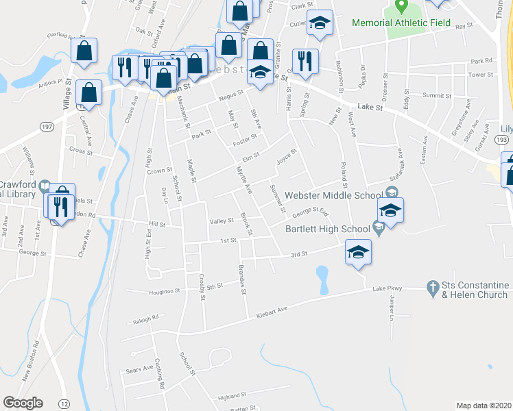 map of restaurants, bars, coffee shops, grocery stores, and more near 68 Myrtle Avenue in Webster
