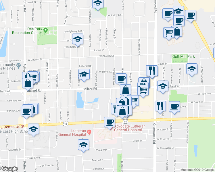map of restaurants, bars, coffee shops, grocery stores, and more near 1650 Ballard Road in Park Ridge