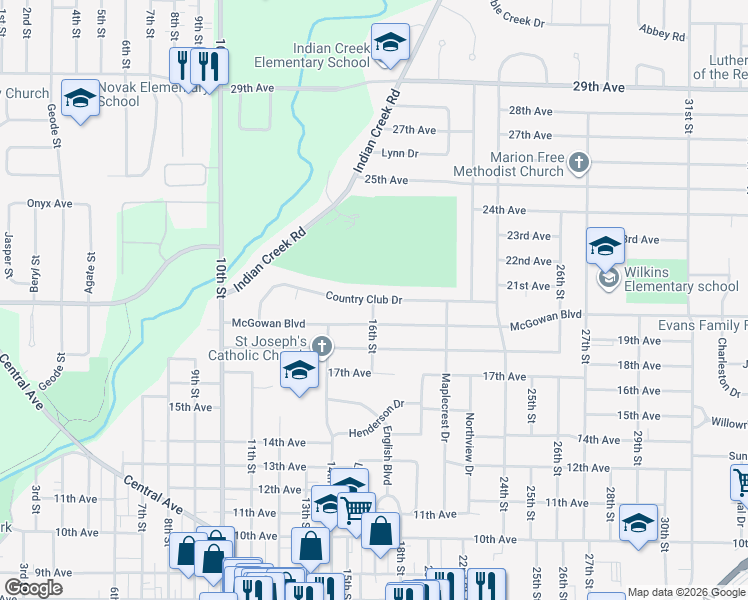 map of restaurants, bars, coffee shops, grocery stores, and more near 1999 16th Street in Marion
