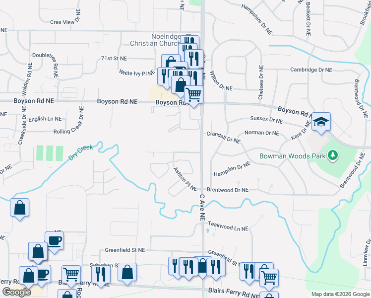 map of restaurants, bars, coffee shops, grocery stores, and more near 506 Broderick Drive Northeast in Cedar Rapids