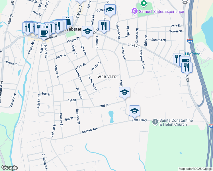 map of restaurants, bars, coffee shops, grocery stores, and more near 17 George Street in Webster