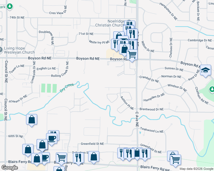 map of restaurants, bars, coffee shops, grocery stores, and more near 728 Broderick Drive Northeast in Cedar Rapids
