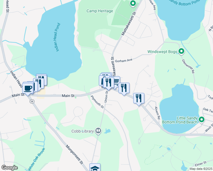 map of restaurants, bars, coffee shops, grocery stores, and more near 2 Main Street in Hanson