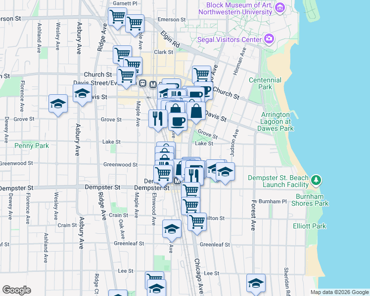 map of restaurants, bars, coffee shops, grocery stores, and more near 1420 Chicago Avenue in Evanston