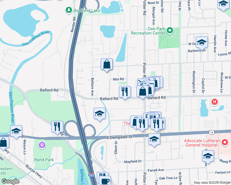 map of restaurants, bars, coffee shops, grocery stores, and more near 2420 West Ballard Road in Des Plaines