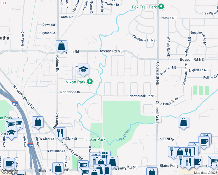 map of restaurants, bars, coffee shops, grocery stores, and more near 6512-6516 Laurel Lane Northeast in Cedar Rapids