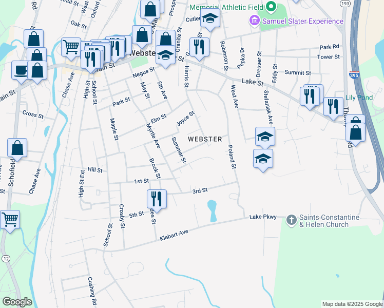 map of restaurants, bars, coffee shops, grocery stores, and more near 17 George Street in Webster
