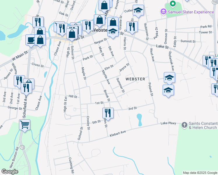 map of restaurants, bars, coffee shops, grocery stores, and more near 72 Myrtle Avenue in Webster