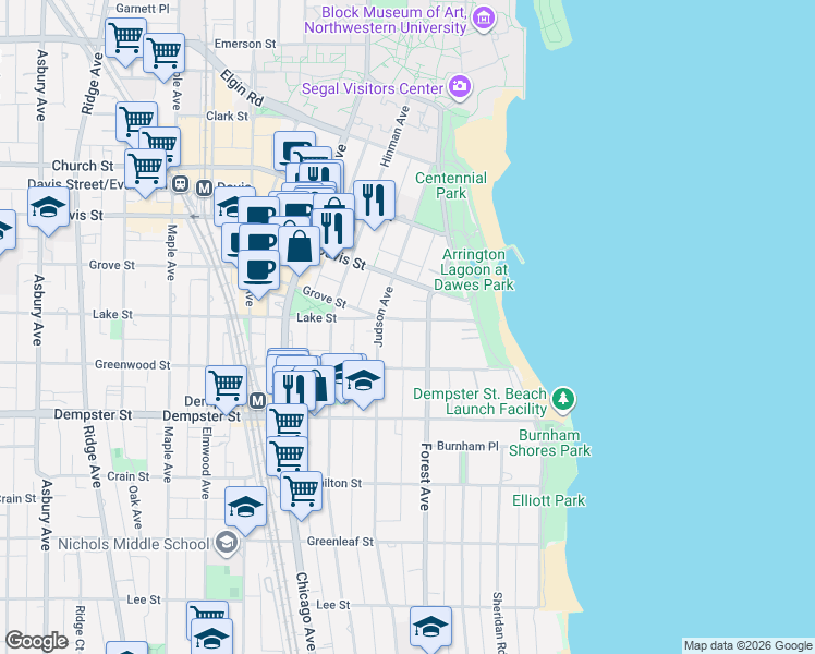 map of restaurants, bars, coffee shops, grocery stores, and more near 1426 Forest Avenue in Evanston