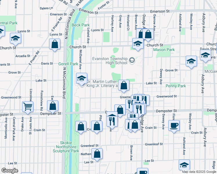 map of restaurants, bars, coffee shops, grocery stores, and more near 1423 Hartrey Avenue in Evanston