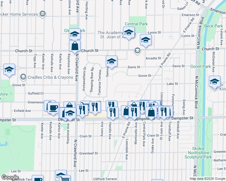 map of restaurants, bars, coffee shops, grocery stores, and more near 8931 Samoset Trail in Skokie