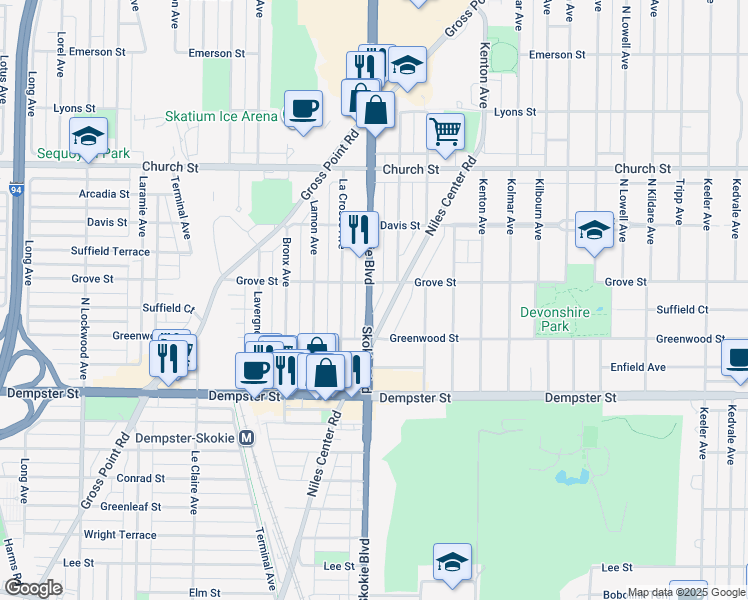 map of restaurants, bars, coffee shops, grocery stores, and more near 8929 Skokie Boulevard in Skokie