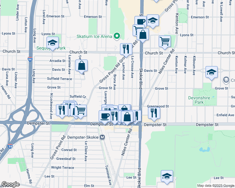 map of restaurants, bars, coffee shops, grocery stores, and more near 8931 Bronx Avenue in Skokie