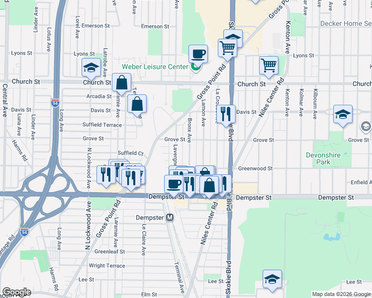map of restaurants, bars, coffee shops, grocery stores, and more near 8927 Lavergne Avenue in Skokie