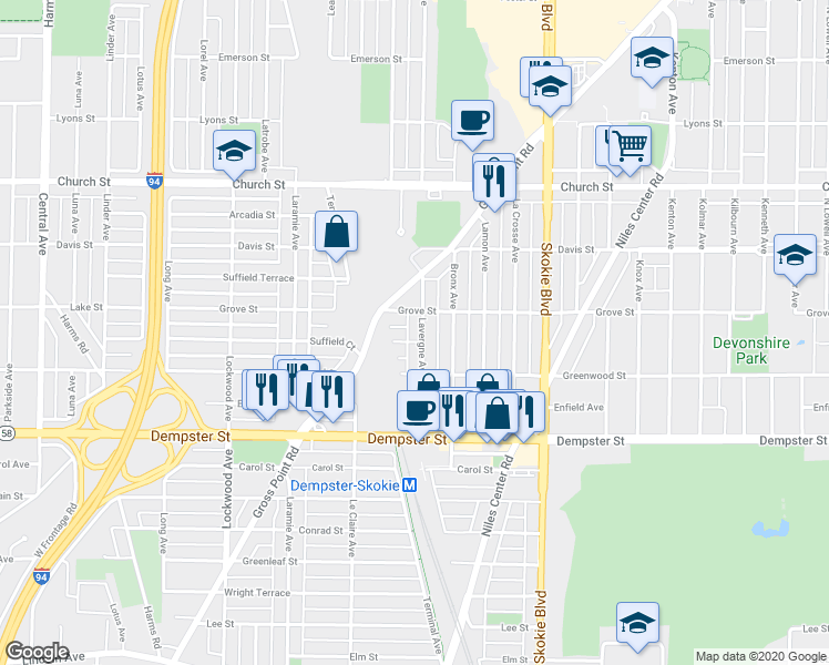 map of restaurants, bars, coffee shops, grocery stores, and more near 8927 Lavergne Avenue in Skokie