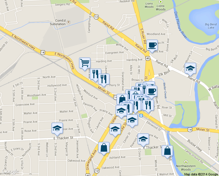 map of restaurants, bars, coffee shops, grocery stores, and more near 1300 Jefferson Street in Des Plaines
