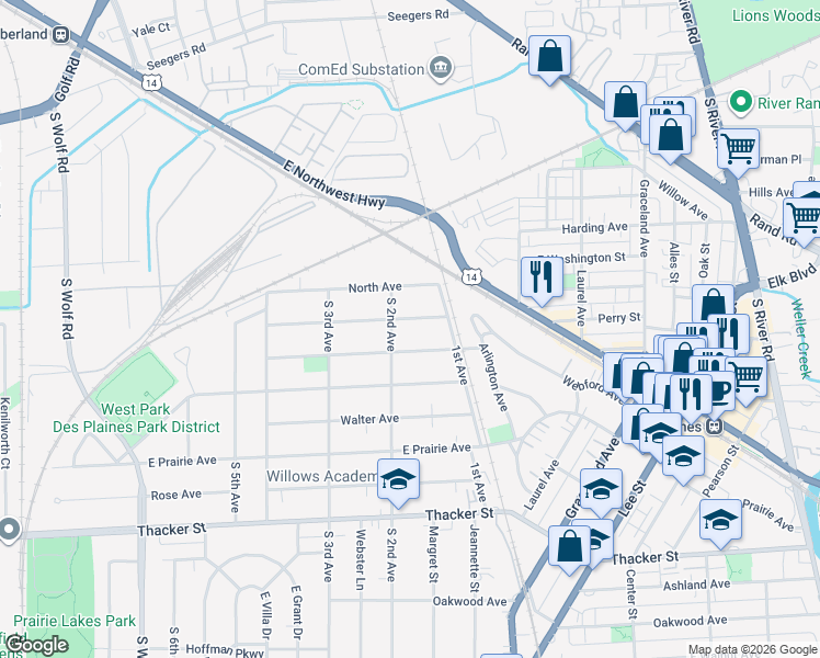 map of restaurants, bars, coffee shops, grocery stores, and more near 1028 Woodlawn Avenue in Des Plaines