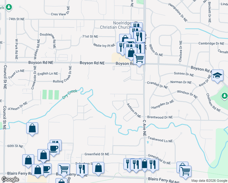 map of restaurants, bars, coffee shops, grocery stores, and more near 637 Broderick Drive Northeast in Cedar Rapids