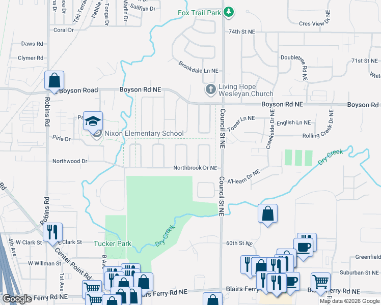 map of restaurants, bars, coffee shops, grocery stores, and more near 6509 Minden Lane Northeast in Cedar Rapids