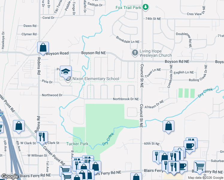map of restaurants, bars, coffee shops, grocery stores, and more near 6514 Asbury Lane Northeast in Cedar Rapids