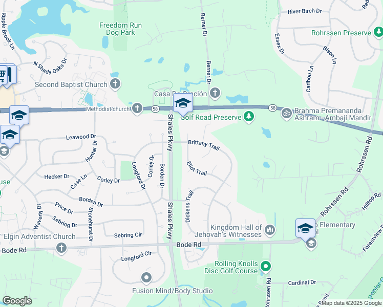 map of restaurants, bars, coffee shops, grocery stores, and more near 1404 Eliot Trail in Elgin